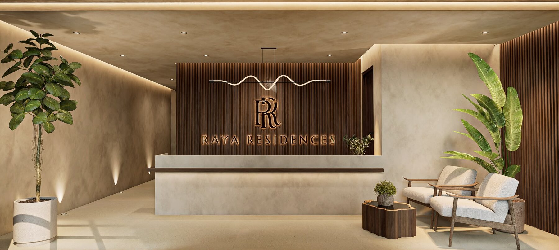 The arrival lobby, monogram lit on the timber slat wall